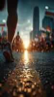 Runners on city street during sunset marathon creating vibrant atmosphere photo