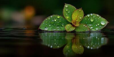 Lush green leaves with droplets reflecting on calm water surface in a serene environment photo