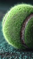 Close-up view of a green tennis ball showcasing texture and detail on a textured surface photo
