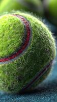 Close-up view of a tennis ball showcasing its texture and details on a blue surface in a sports setting photo