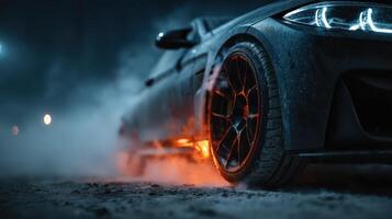 Dynamic car drifting in an urban setting at night with smoke and glowing tires photo