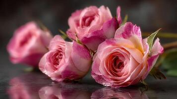 Beautiful pink roses with delicate petals arranged artistically on a reflective surface photo