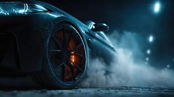 Dark night scene featuring a sleek black car with illuminated wheels and smoke rising from the tires on an urban street photo
