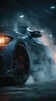 Powerful sports car emerges from smoke in a dimly lit garage photo