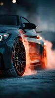 Smoke billows from a high-performance car tire during a nighttime street racing event in an urban setting photo