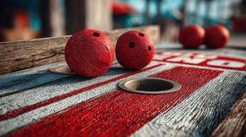Colorful red balls positioned on a wooden playing surface with circular holes in an outdoor recreational area during daytime photo