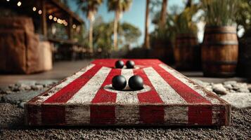 Players enjoy a lively outdoor game of boules on a warm day near a rustic bar and palm trees photo