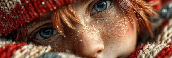 Young child with sparkling eyes enjoys winter wrapped in colorful scarf photo