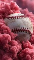 Baseball surrounded by pink smoke creates a striking visual effect in a colorful display of sports and creativity photo