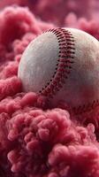 Baseball surrounded by vibrant pink smoke creating a dramatic visual effect indoors photo