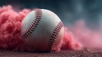 Baseball rolling through pink smoke in an energetic sports setting at twilight photo