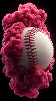 Vibrant pink cloud envelops a baseball, creating a striking visual display of color and texture in a surreal environment photo