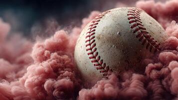 Baseball resting in a cloud of pink smoke during an intense sports moment photo