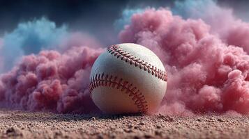 Baseball resting on ground with colorful smoke clouds creating an engaging backdrop during a sunny day photo