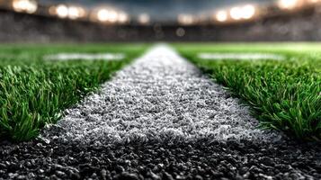Grass field lines create a striking perspective on a well-maintained sports pitch during a night match photo