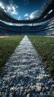 Soccer field perspective showcasing fresh turf and markings in a modern stadium before a big match photo