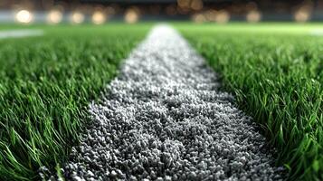 Freshly mowed grass on a sports field with a clear white line marking the boundary in a well-lit stadium at night photo