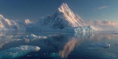 Majestic ice-covered mountain reflecting in tranquil Arctic waters during early morning light photo