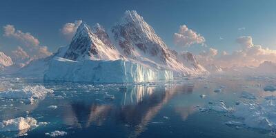 Stunning icebergs reflect on calm waters near majestic mountains during sunset in a remote polar region photo
