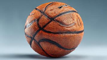 Detailed basketball resting on a smooth surface with textured design and natural color tones in a neutral backdrop photo