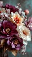 Beautiful arrangement of colorful flowers in a decorative vase against a blurred background indoors photo