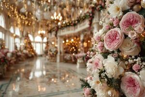 Elegant holiday decorations with roses and lights in a grand venue filled with festive cheer photo