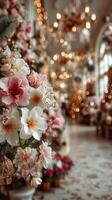 Bright floral decorations create a warm atmosphere in a cozy venue during a festive event in the evening photo