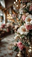 Beautiful floral arrangement in a lavish setting with warm lights and elegant decor during a celebratory event photo