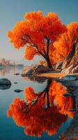 Vibrant autumn foliage reflects on calm water under a clear sky at a serene lakeside location photo