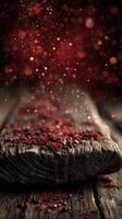 Dust and spice dance above a rustic wooden surface under soft, warm light in a cozy setting photo