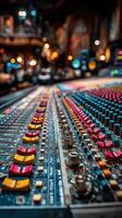 Mixing console at sunset during a music production session in a recording studio photo