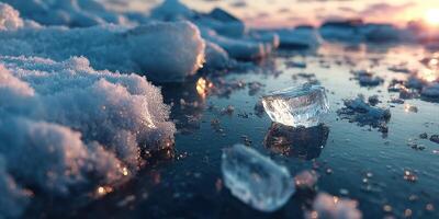 Melting ice with reflections at sunset near a tranquil lake in a cold season landscape photo