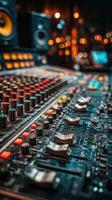 Details of a music mixing console featuring illuminated buttons and knobs in a vibrant studio environment during nighttime photo