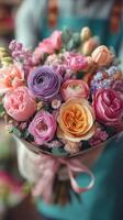 Beautiful bouquet of colorful flowers held by florist in a charming shop setting photo