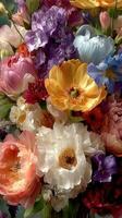 Colorful floral arrangement showcasing a variety of blossoms in full bloom on a bright sunny day photo