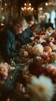 Florists creating stunning flower arrangements in an elegant shop during a sunny afternoon photo