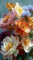 Vibrant arrangement of colorful flowers in a decorative vase against a textured blue background photo