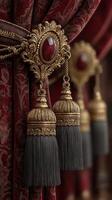 Luxurious red curtains with elegant tassels in a vintage interior setting photo