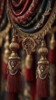 Elegant red and black curtain with ornate tassels and intricate detailing in an opulent setting photo