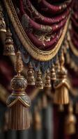 Elaborate curtain design with ornate tassels in rich colors and intricate patterns during a midday light photo