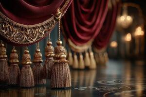 Elegant crimson curtains draping a luxurious space with intricate golden tassels and soft ambient lighting photo