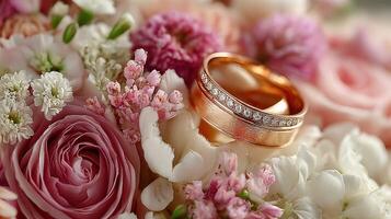 Beautiful wedding rings nestled among vibrant flowers celebrating love and commitment in a charming floral arrangement photo