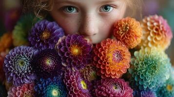 Child surrounded by vibrant flowers in a colorful floral display photo