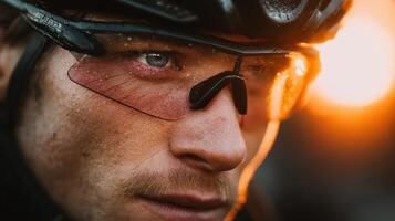 Portrait of a cyclist focused on the road ahead during early morning ride with sunlight in the background photo