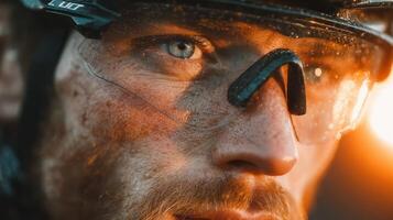 Close-up of intense expression on cyclist's face during evening ride in natural surroundings showcasing determination photo