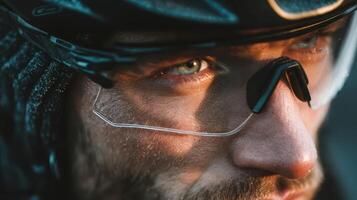 Close-up of a cyclist focusing intently while wearing specialized eyewear during an outdoor ride at sunset photo