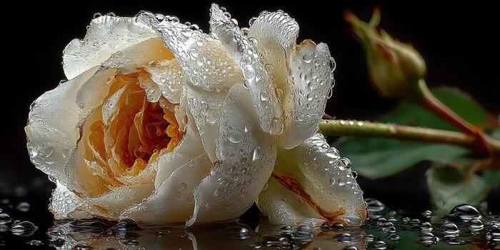 Beautiful white rose with droplets resting on dark surface after rain in a serene setting photo