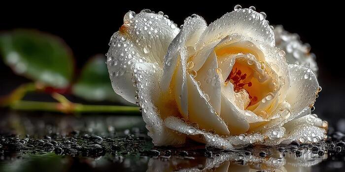 White rose adorned with raindrops resting on a reflective surface in a serene setting photo