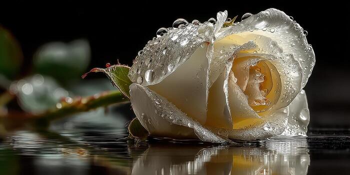 Delicate white rose with water droplets resting on reflective surface in a serene setting photo
