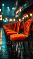 Elegant orange chairs line a dimly lit hall with soft blue lighting during a quiet evening setting photo